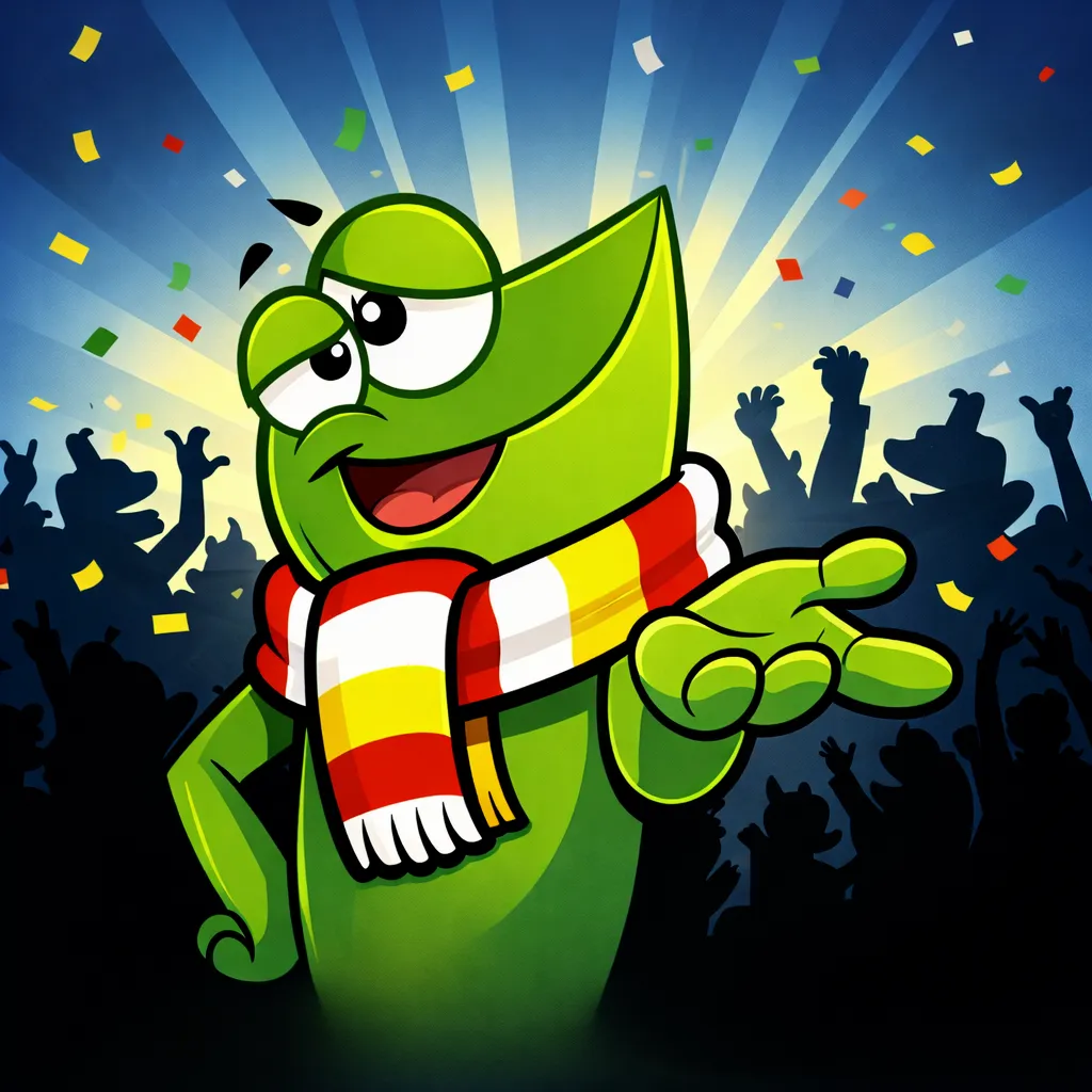 Oetel kikker met Oeteldonkse sjaal wenkt om mee te komen