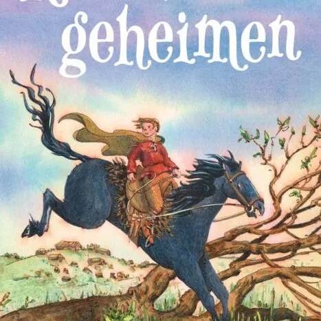 Hoofdpersoon rat zit op een zwart paard in een bos