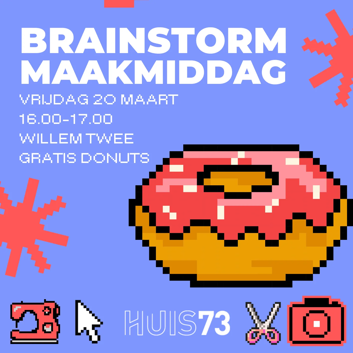 Poster met pixel donut en tekst over brainstorm maakmiddag