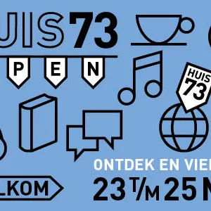 Afbeelding opening. Blauwe achtergrond met zwarte iconen