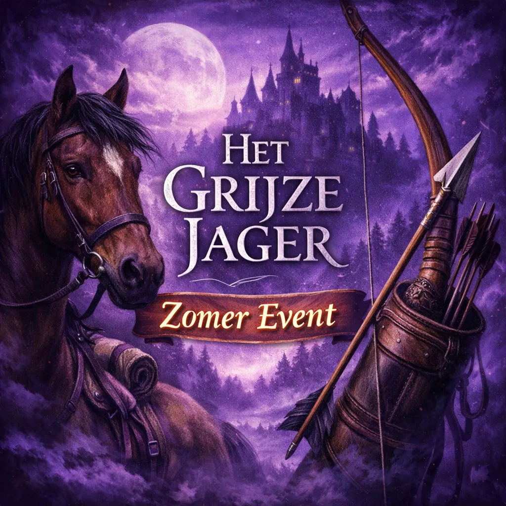 Paarse afbeelding met een paard, pijl en boog en middeleeuws kasteel