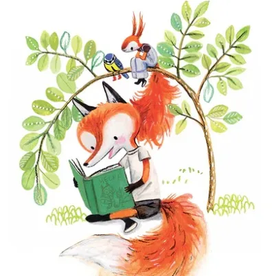 Prentenboekfiguren August de vos en Suus de eekhoorn lezen boek