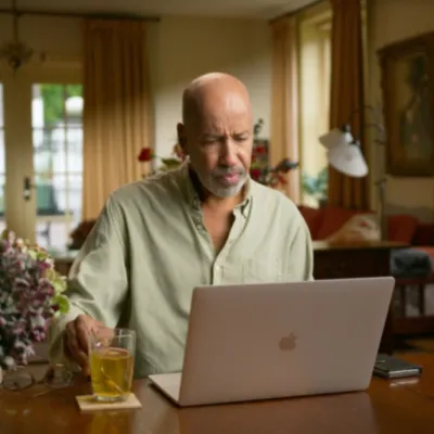 Een man zit aan een houten tafel in een lichte, gezellige woonkamer. Hij kijkt geconcentreerd naar een open laptop voor zich. Naast de laptop staat een glas thee op een onderzetter en ligt een smartphone. De man heeft een kalende schedel en draagt een lichtgroen overhemd.  Op de tafel staat ook een vaas met bloemen. Achter hem zie je een warm ingerichte kamer met grote ramen waar daglicht binnenvalt, beige gordijnen, een bank met kussens en een staande lamp. Door een glazen deur is buiten een tuin of binnen