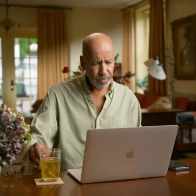 Een man zit aan een houten tafel in een lichte, gezellige woonkamer. Hij kijkt geconcentreerd naar een open laptop voor zich. Naast de laptop staat een glas thee op een onderzetter en ligt een smartphone. De man heeft een kalende schedel en draagt een lichtgroen overhemd.  Op de tafel staat ook een vaas met bloemen. Achter hem zie je een warm ingerichte kamer met grote ramen waar daglicht binnenvalt, beige gordijnen, een bank met kussens en een staande lamp. Door een glazen deur is buiten een tuin of binnen