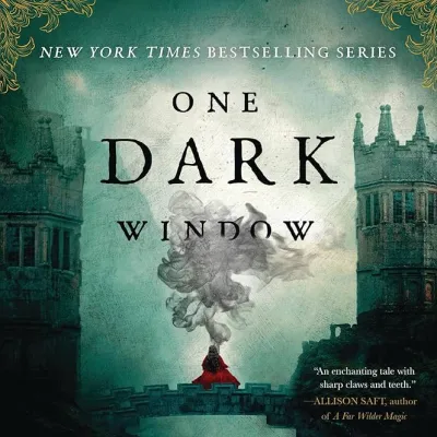 Bookcover One Dark Window. Je ziet een donkere stad, met in het midden een figuur met rode kleding. 