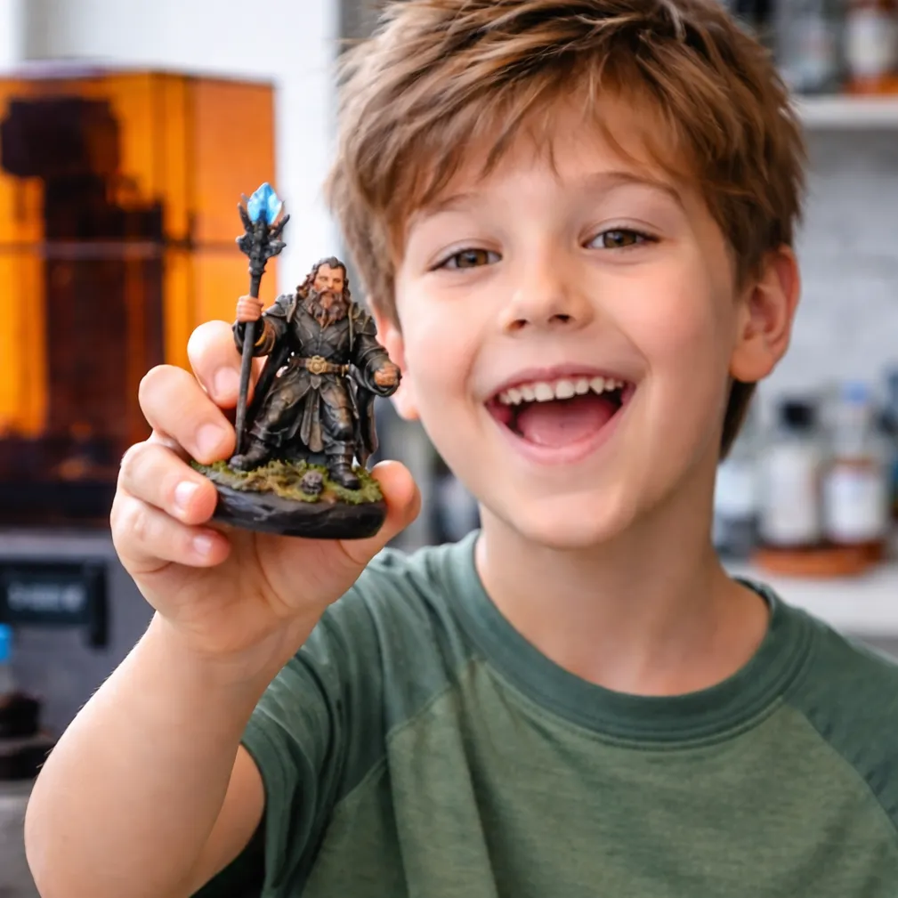jongen met 3D resin miniatuur in zijn hand