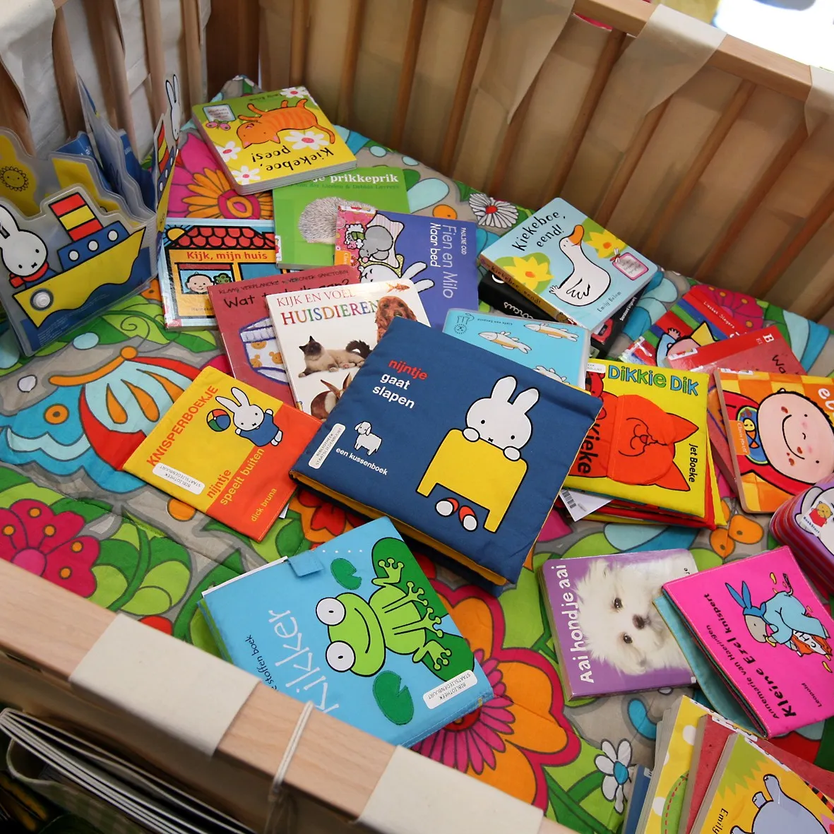 Foto van allerlei babyboekjes in een box