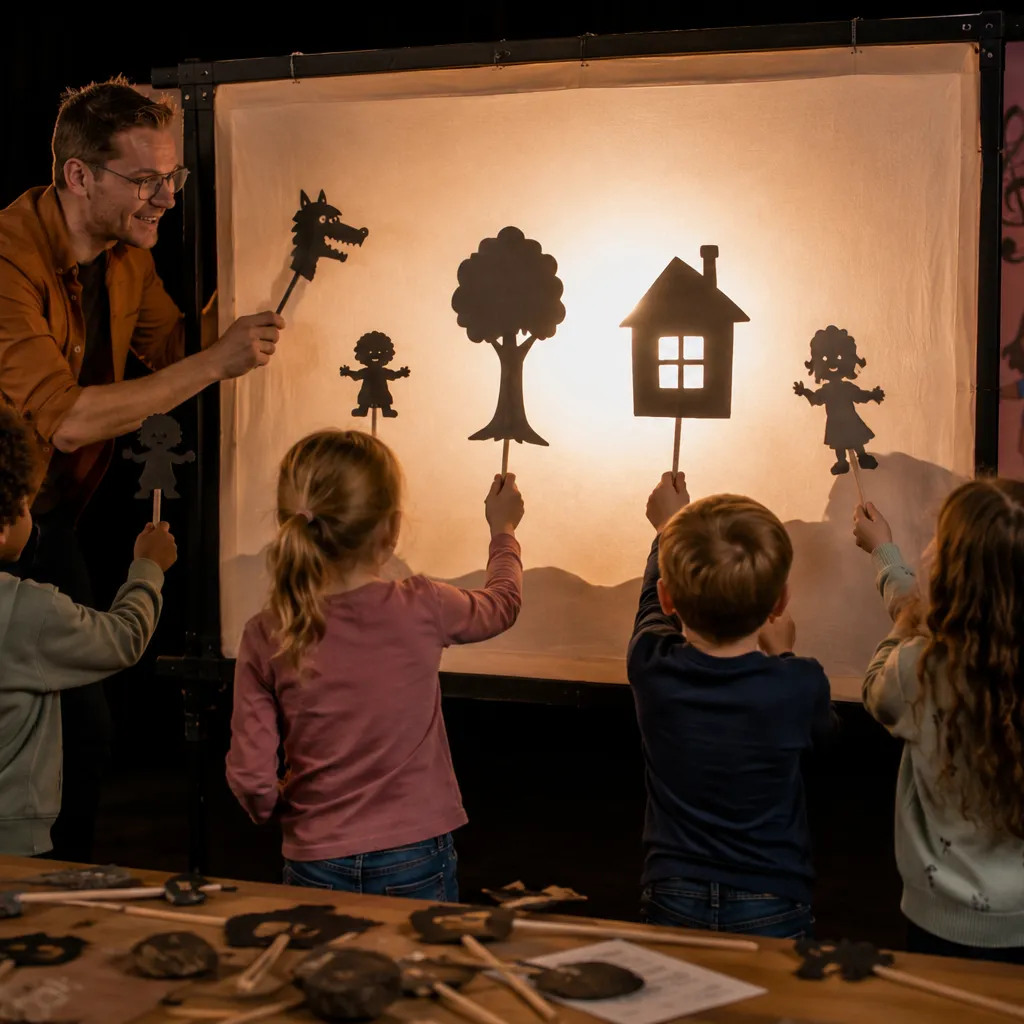 Theaterdocent speelt schaduwspel met vier kinderen