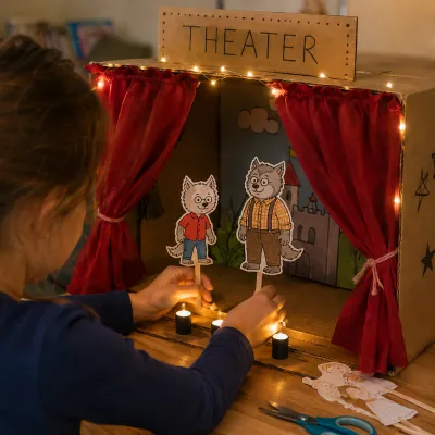 kind maakt van kartonnen doos een theater met dolfje weerwolfje