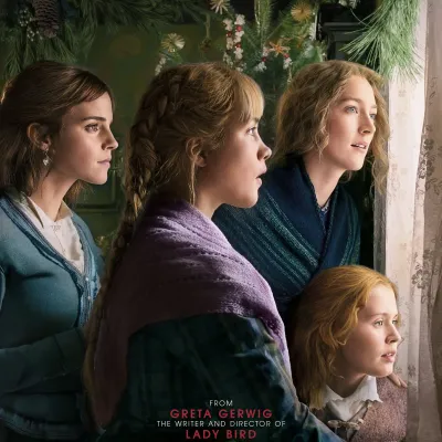 Filmposter little women, 4 meisjes die uit een raam kijken. 